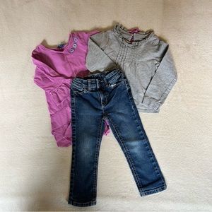 Girls 3T, 3 piece bundle, 2 shirts, pink and gray, jumping beans jeans